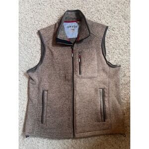 Orvis Mens Sweater Fleece Vest Brown Full Zip Mock Neck Large Heathered Knit